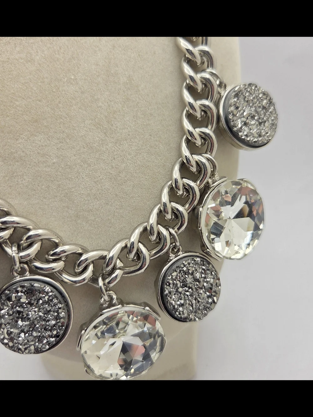 Chico's Silver Tone Chunky Chain Statement Necklace Faux Druzy Crystal 20
